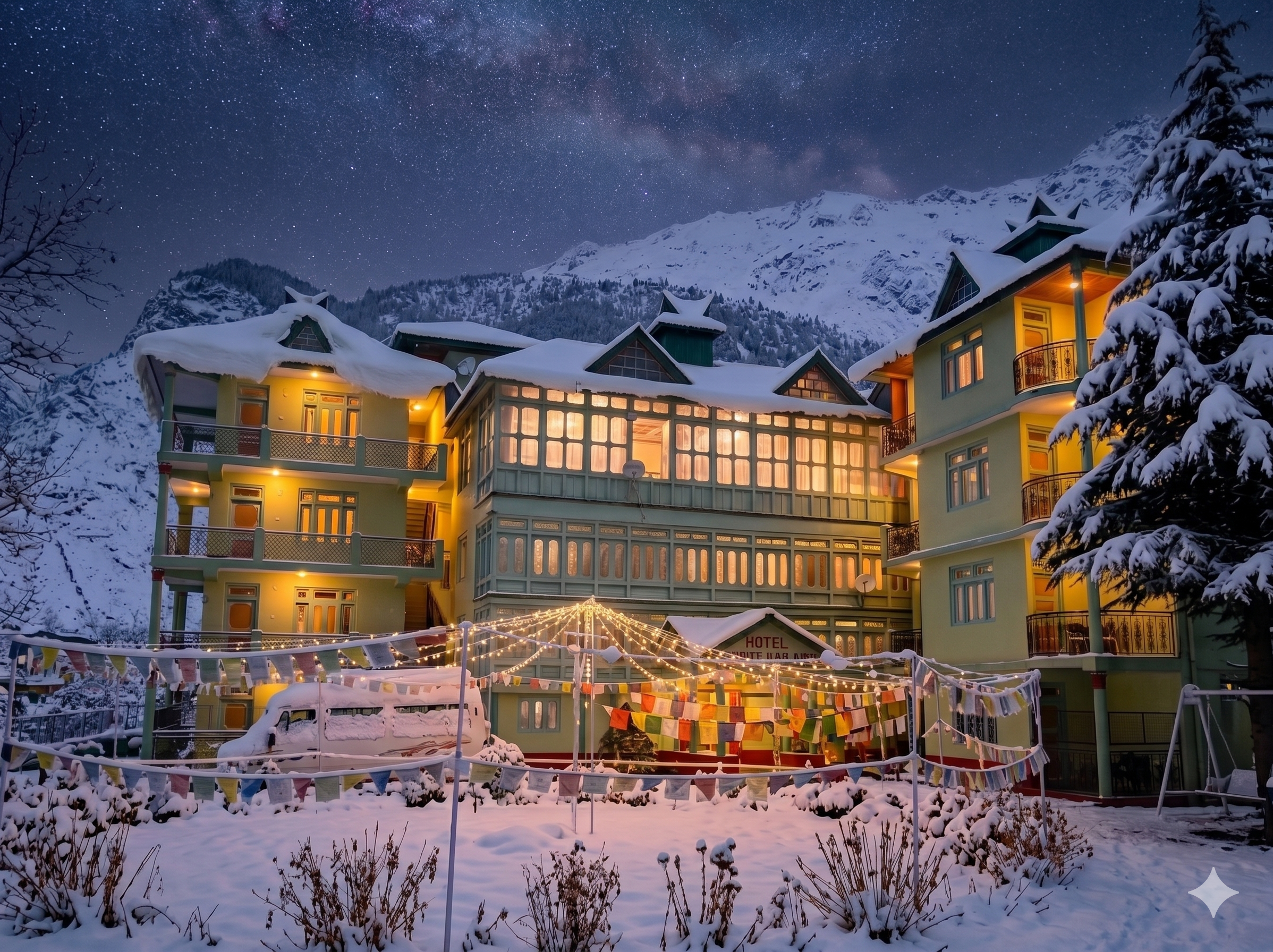 Hotel Mount Kailash exterior view with mountains
